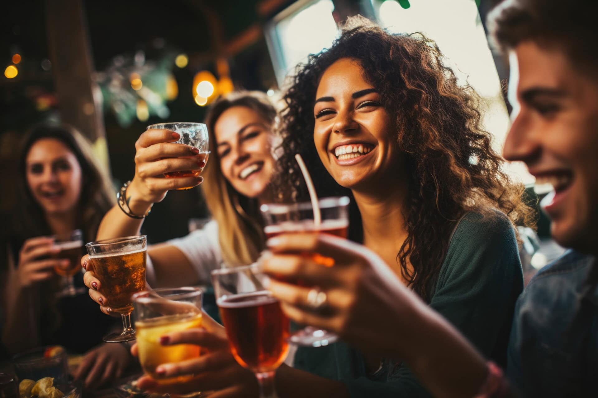 How to Calculate Drinks Per Guest for Any Event 1 A diverse group of friends celebrating at a bar or restaurant, drinking cocktails and having a good time on a weekend day. This represents a lifestyle concept in which boys and girls enjoy their time together.