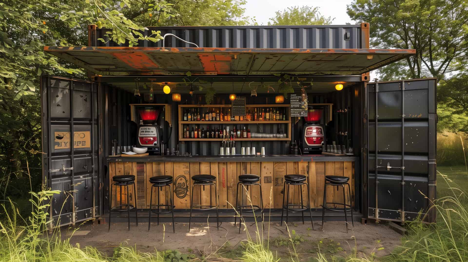Repurposed shipping container transformed into an outdoor bar with stools, string lights, and a complete bar setup